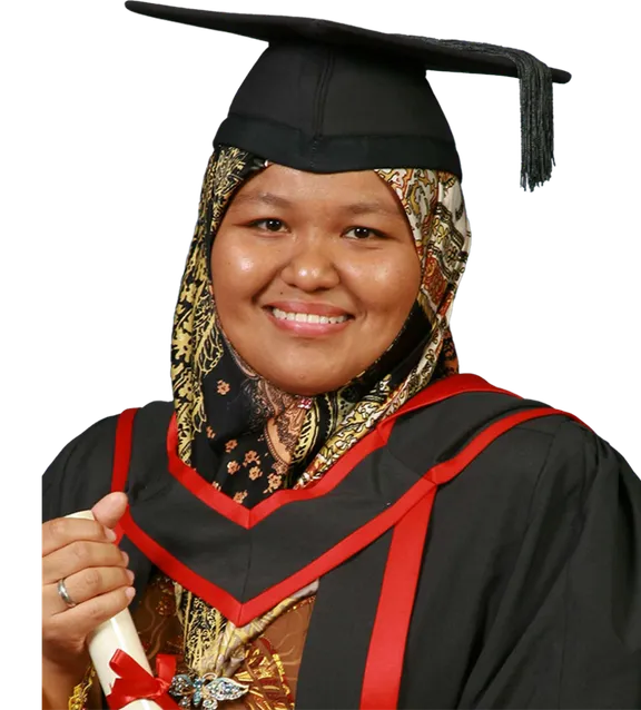 A cutout of Human Resource Management student Nur sakani Binti Hadinin dressed in a graduation robe and hat holding a degree scroll while smiling at the camera