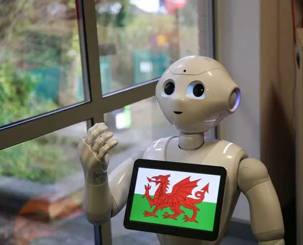 A white robot with a screen on its chest that is showing an image of the Welsh flag.