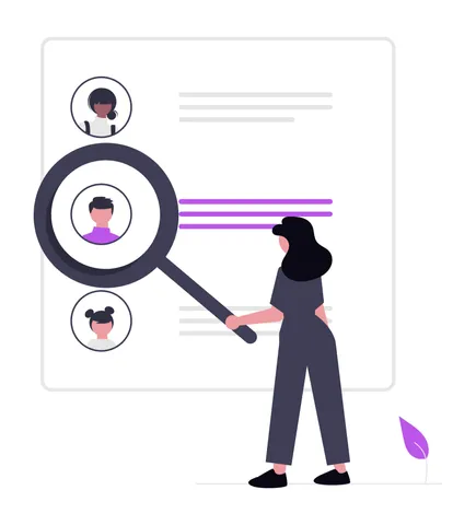 Illustration of a person selecting a contact from a list using a magnifying glass.