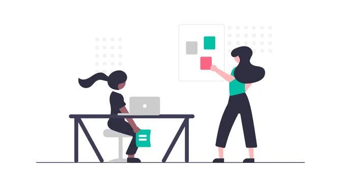 illustration of two people sitting at a desk and standing giving a presentation