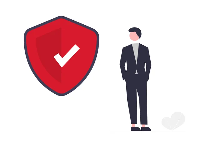 illustration of a person wearing a suit standing next to a security badge
