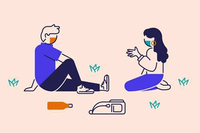 illustration of two people sitting on the floor facing each other talking
