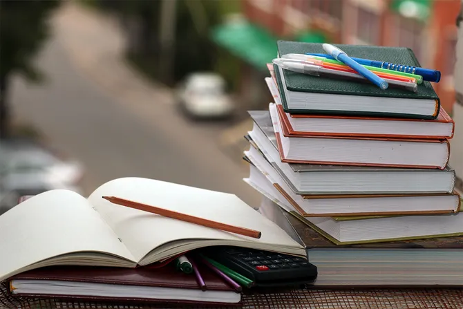 A stack of textbooks with a collection of pencils sat on top of the pile