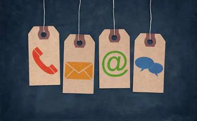 Brown tags with colourful icons on them resembling different ways of contacting.