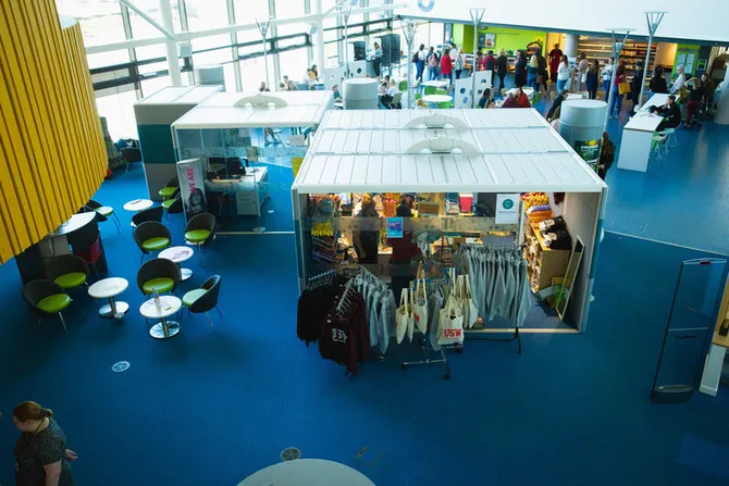 An aerial view of the students union pod at the newport campus which sells USW hoodies, bags and other student essentials.
