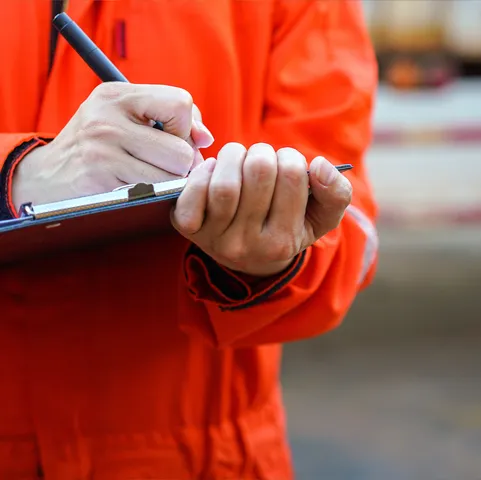 A close up of a construction worker in an orange high visibility jacket taking notes on a clipboard