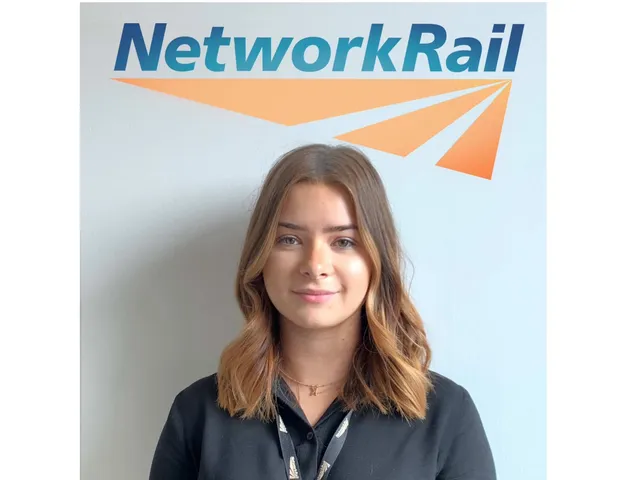 Profile of Katie Thomas in front of the Network Rail logo