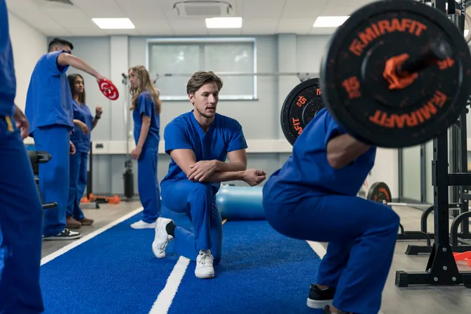 male student doing a weighted squat, second male student observing the technique, and three students in the background exercising