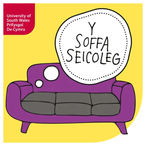 The Psych Sofa podcast logo shows a purple and grey sofa against a bright yellow background with a thought bubble that reads 'The Psych Sofa'