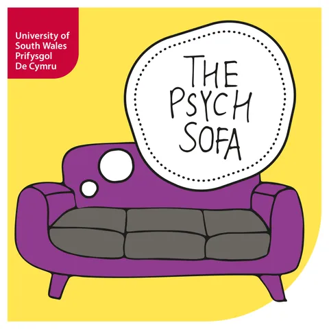 The Psych Sofa podcast logo shows a purple and grey sofa against a bright yellow background with a thought bubble that reads 'The Psych Sofa'