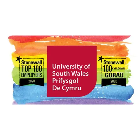 The The Stonewall UK Workplace Equality Index alongside the USW logo on a rainbow background