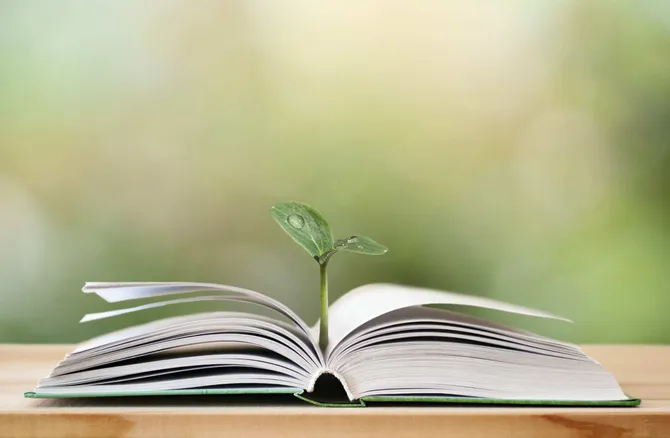 An open book with leaves growing from it.