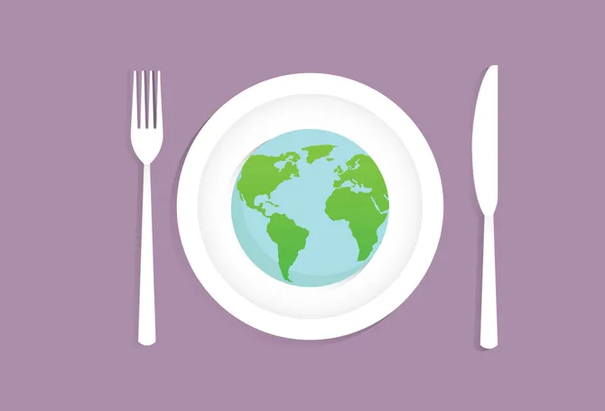 An illustration of the earth on a plate with cutlery placed either side of it.