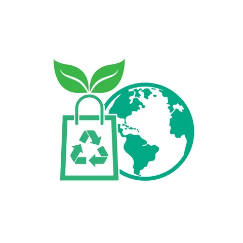 An illustration of the earth and a shopping bag that has the recylcing logo on it.