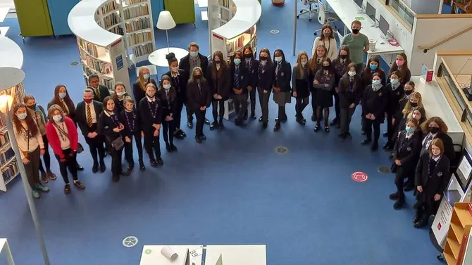 Group of female school pupils on a cyber security visit to Newport campus