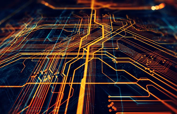 An abstract 3D illustration of a circuit board with futuristic server code processing showing an orange, green, and blue technology background with bokeh