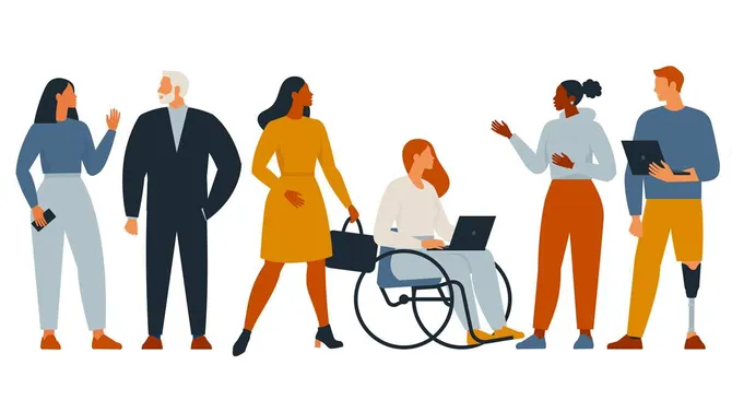 A graphic of 6 animated people, all of different shapes, sizes and colours, including one lady in a wheelchair.