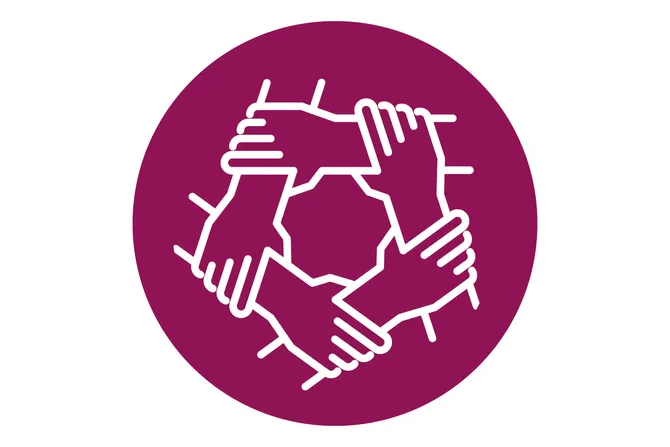 An icon of five hands holding each others wrists in a circle.