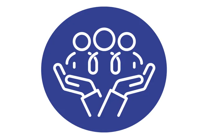 An icon that shows three people being held in open hands.