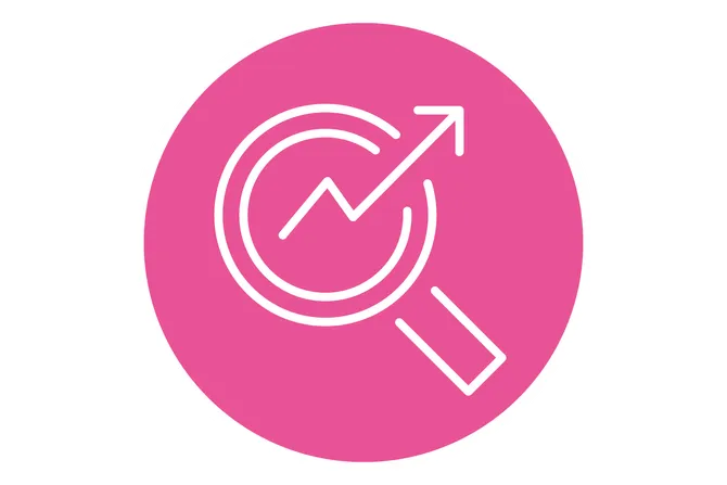 An icon of a magnifying glass with an arrow coming out of it.