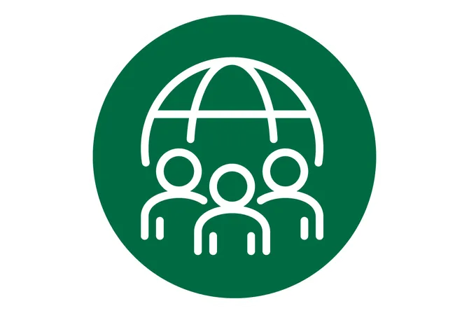 An icon of three people with a globe behind them.