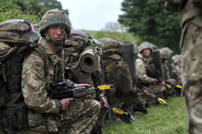Armed forces professional wearing camouflage clothing, helmet and backpack