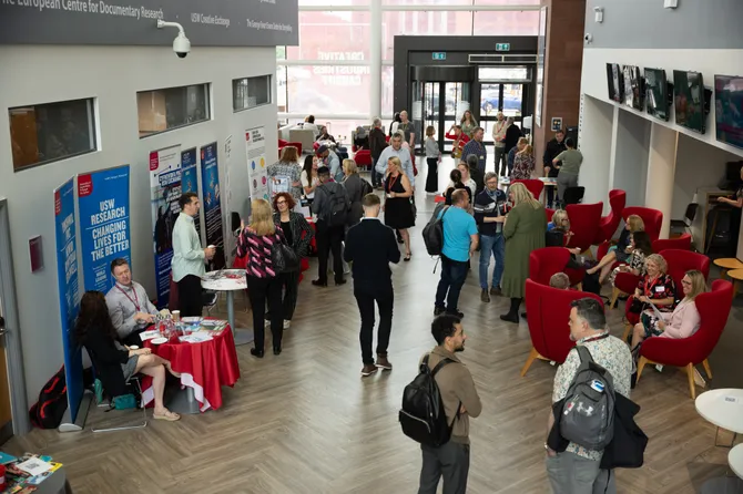 An arial shot of a networking event at Cardiff Campus.
