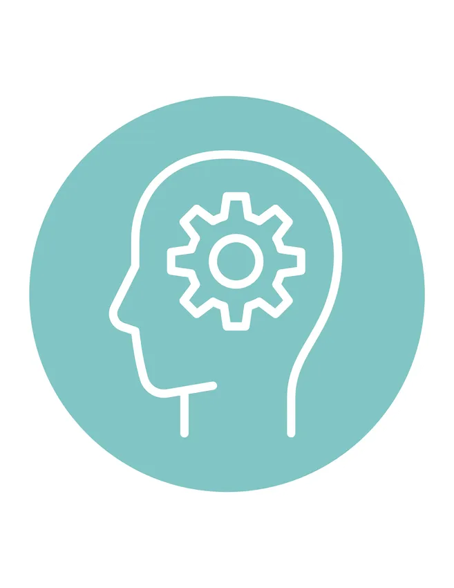 A blue illustrated icon of the outline of a head with a cog in the middle.