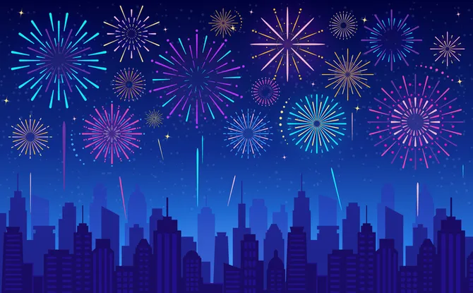 Illustration of colourful festive fireworks in dark evening sky.