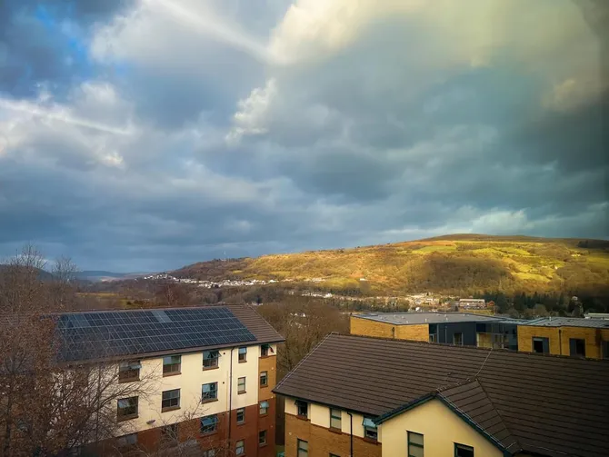 View of the South Wales Valleys around Pontypridd from Glamorgan Court Accommodation