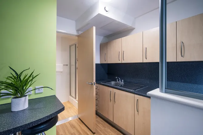 A kitchen in a studio flat at our Pontypridd accommodation.