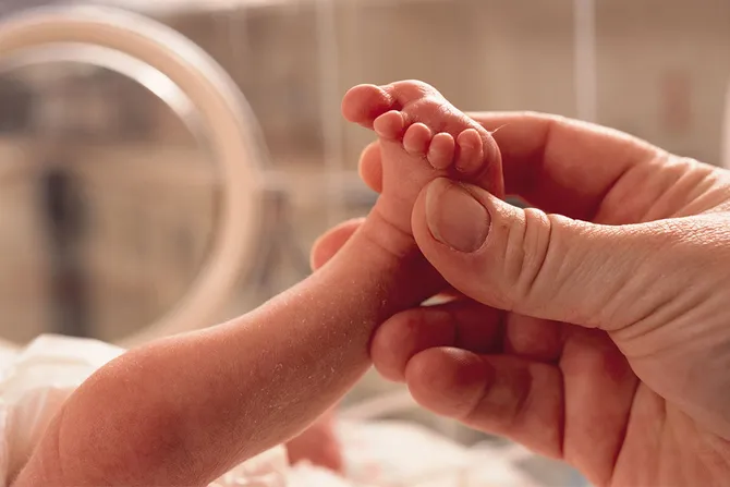 A newborn baby's foot is being held by an adult's hand