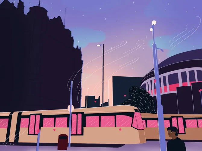 An illustration of buses lined up under a purple and pink night sky. There is a person standing in the foreground and buildings illustrated in the background.