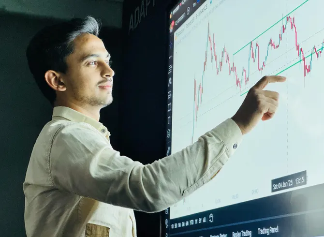 Person working on data using touchscreen