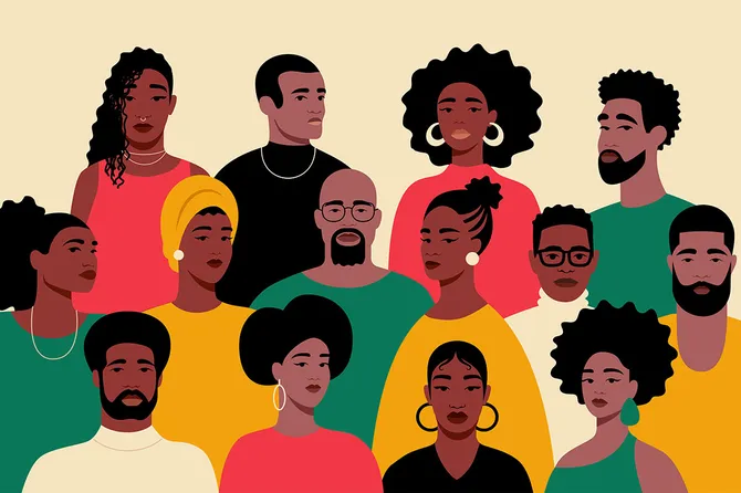 A illustration of a group portrait of black people.