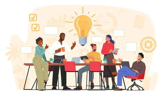 Stock cartoon image of a group of people sharing ideas