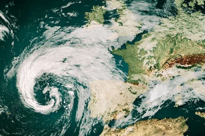 3D Render of a Topographic Map of the Northern Atlantic Ocean with the clouds from October 16, 2023. Storm Babet over the Atlantic Ocean west of the Iberian Peninsula.