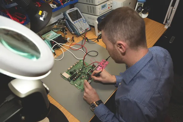 An electronic engineering student uses a soldering iron on a circuit board surrounded by electrical equipment at a desk in a USW engineering workshop