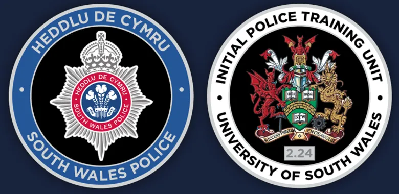 Two circular crests side by side. The left badge is for the South Wales Police, featuring a silver emblem with a blue and red center, including the Welsh translation 