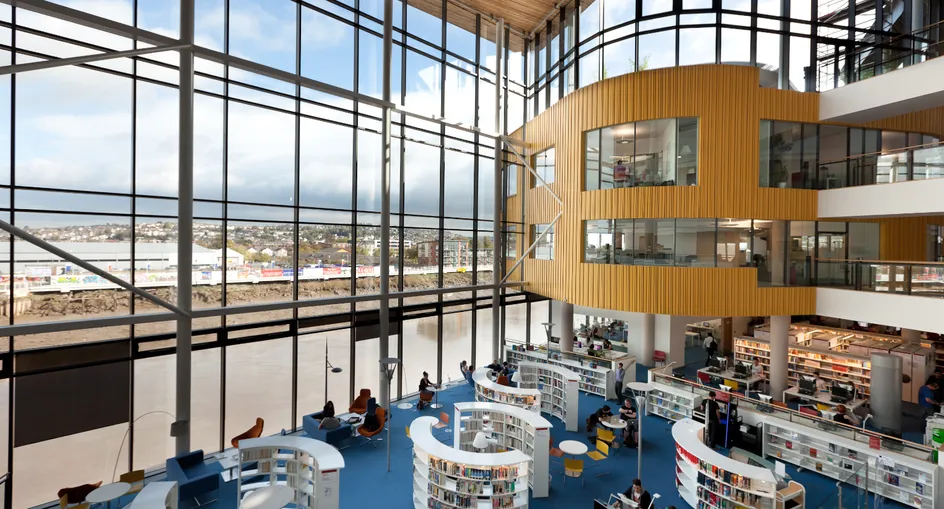 An internal shot of the Newport campus overlooking the library and the view of the river Usk.