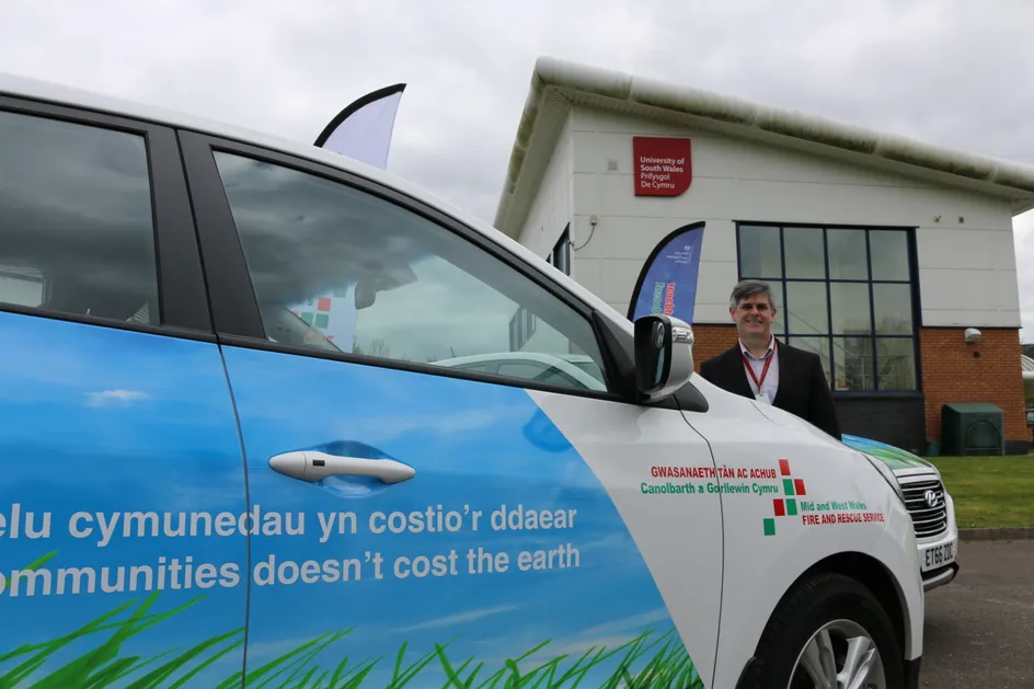 Jon Maddy, director of USW's Hydrogen Centre, at the launch of Mid and West Wales fire service's two new hydrogen-powered vehicles, Neil Gibson