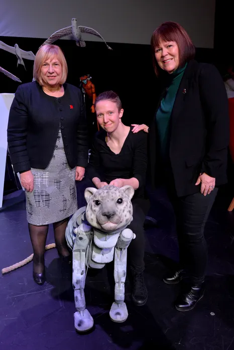 Professor Julie Lydon and Allison Dowzell with Emily Wright, a graduate who works for Bad Wolf in His Dark Materials