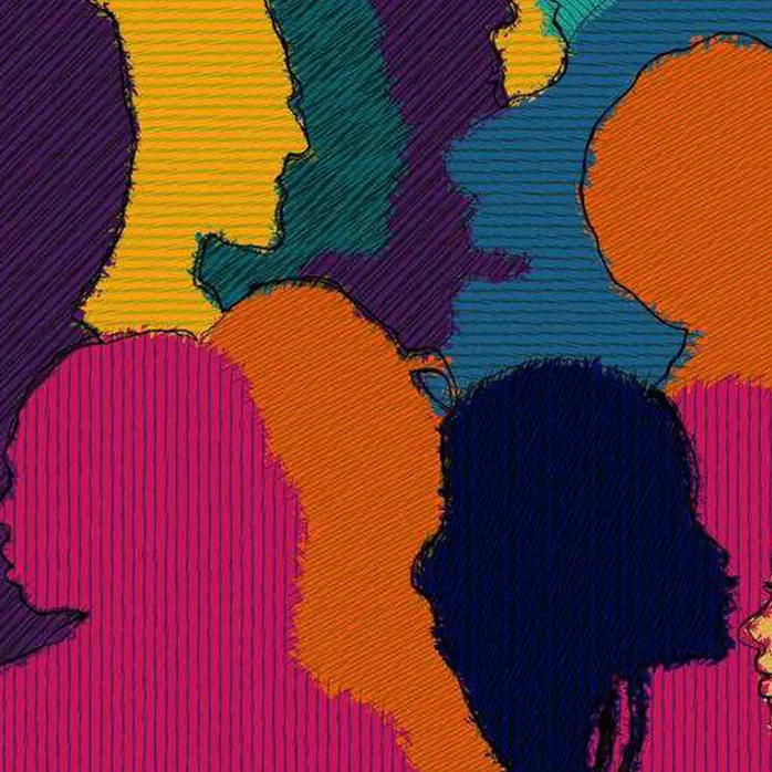An abstract illustration of people's silhouettes, in various colours, stuck together like a puzzle