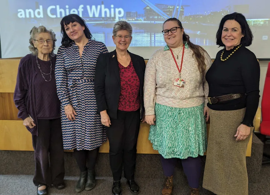 Jean Silvan Evans, Dr Rachel Lock-Lewis, Jane Hutt MS, Leah Hibbs and Jane Croad  at the University of South Wales this week to discuss the progress towards gender equality in Wales.