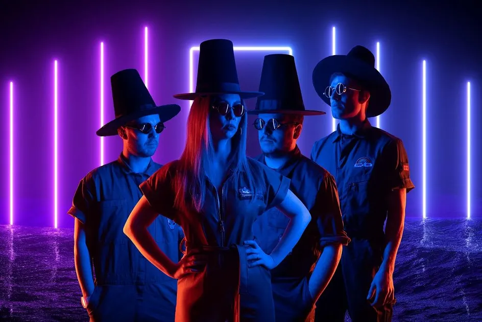 The band, NoGood Boyo, pose under fluorescent lighting
