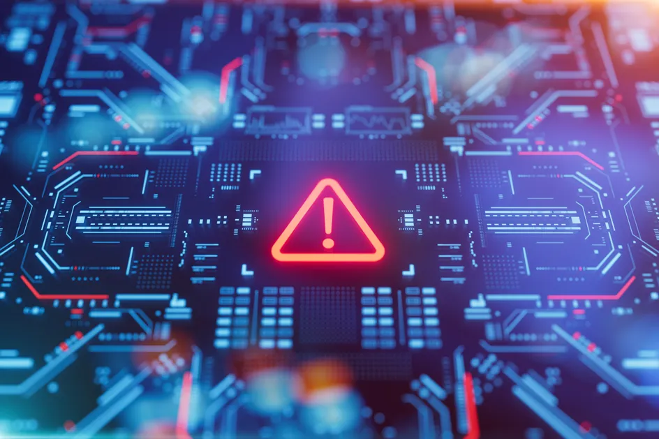 Close-up view of an illuminated circuit board with a prominent red warning triangle symbol in the centre