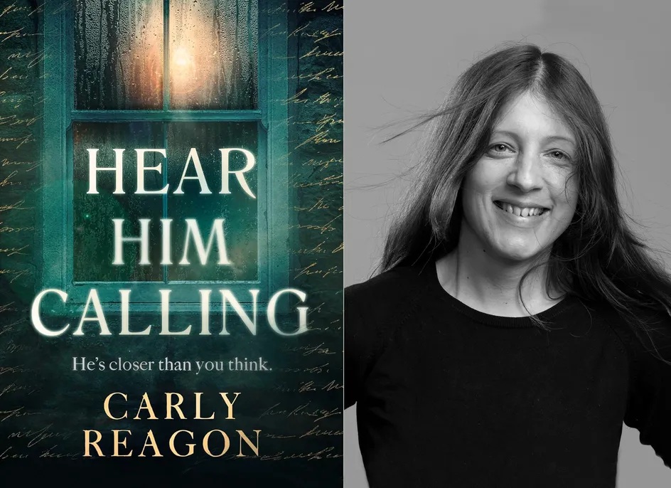 Delwedd o glawr y llyfr ar gyfer Hear Him Calling, a delwedd o Carly Reagon yn gwenu
