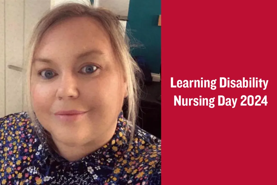 Portrait of a smiling person with light hair, wearing a patterned top. To the right, a red background shows the text 'Learning Disability Nursing Day 2024' in white