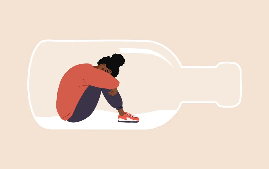 Alcoholism concept. A cartoon of a woman sitting inside a bottle and hugging her knees.