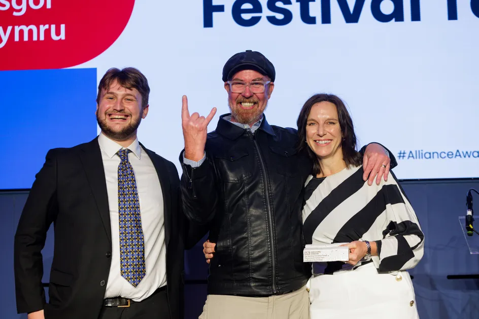 Left to right: Alex Stanley, Vice President Higher Education at the NUS, pictured with David Coker and Lucy Squire from the Immersed Festival team, at the University Alliance awards ceremony
